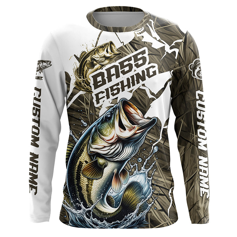 Custom Bass Fishing Jerseys, Largemouth Bass Long Sleeve Fishing League Shirts | Grass Camo IPHW6361