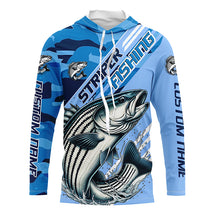 Load image into Gallery viewer, Custom Striped Bass Fishing Long Sleeve Shirts, Striper Saltwater Fishing Jerseys | Blue Camo IPHW6371