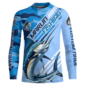 Custom Marlin Fishing Long Sleeve Shirts, Marlin Saltwater Fishing Jerseys | Blue Camo IPHW6373