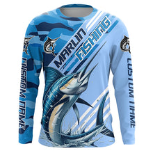 Load image into Gallery viewer, Custom Marlin Fishing Long Sleeve Shirts, Marlin Saltwater Fishing Jerseys | Blue Camo IPHW6373