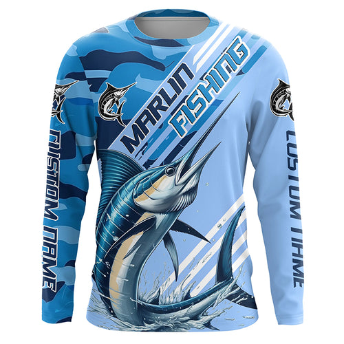 Custom Marlin Fishing Long Sleeve Shirts, Marlin Saltwater Fishing Jerseys | Blue Camo IPHW6373