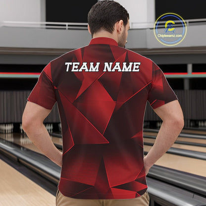Man wearing a red and black bowling shirt with 'TEAM NAME' on the back in a bowling alley.