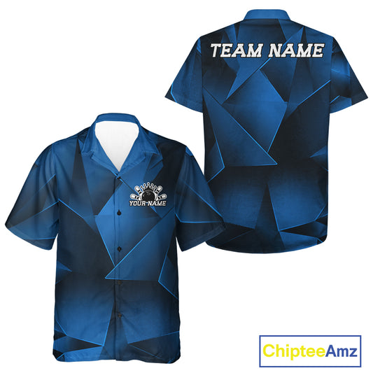 Blue geometric patterned shirt with customizable text on a white background