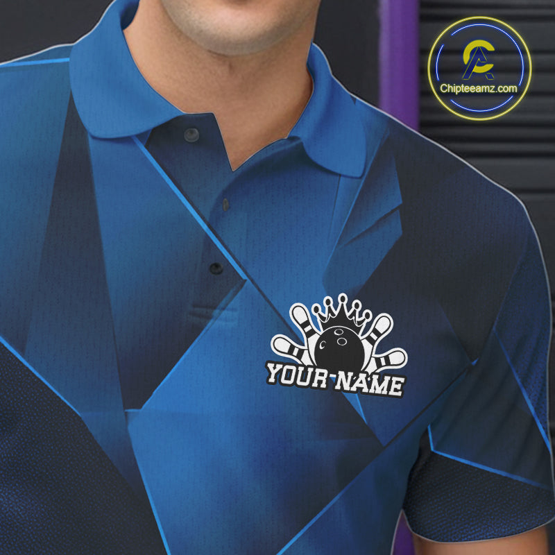 Blue polo shirt with a logo and text placeholder on a dark background