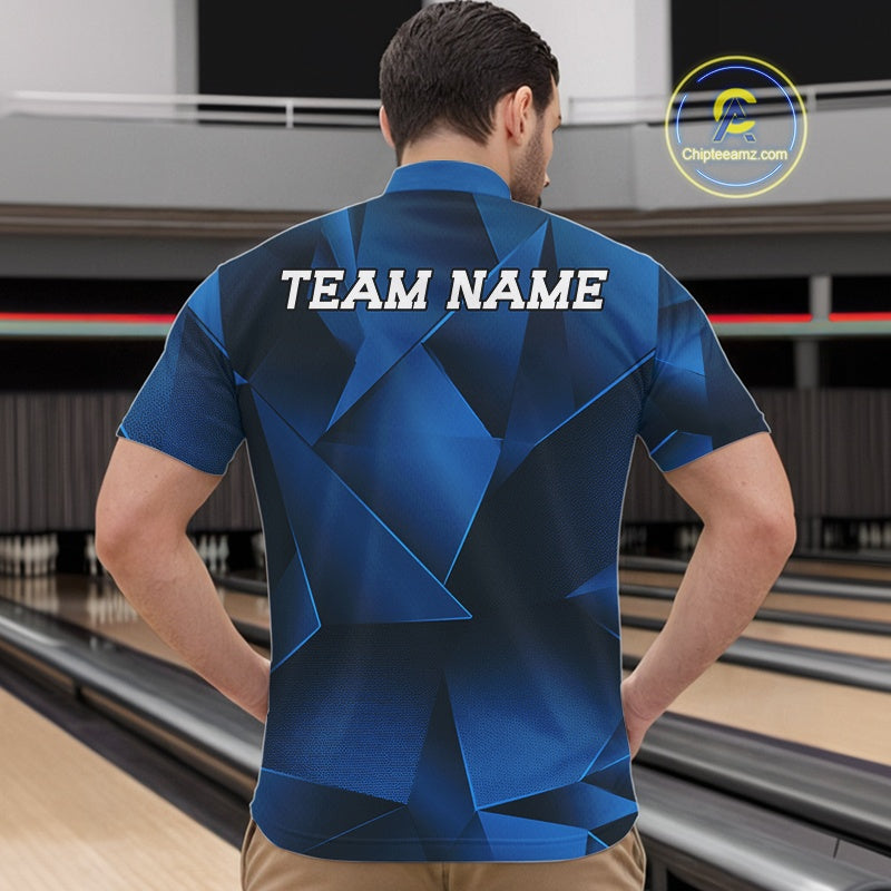 Man wearing a blue bowling shirt with 'TEAM NAME' on the back in a bowling alley.