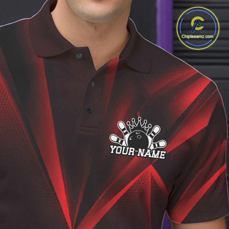 Black and red striped polo shirt with a bowling design and 'Your Name' text, brand logo visible.