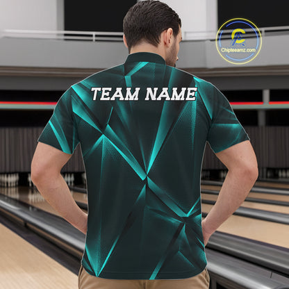 Man wearing a green bowling shirt with 'TEAM NAME' on the back in a bowling alley.