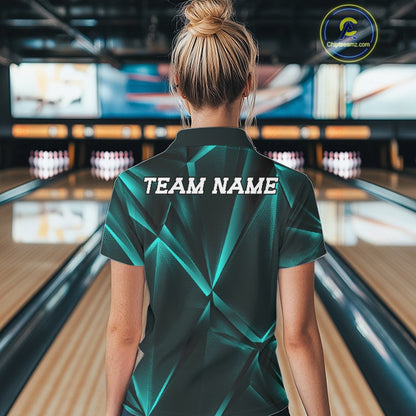 Person wearing a green bowling shirt with 'TEAM NAME' on the back in a bowling alley.