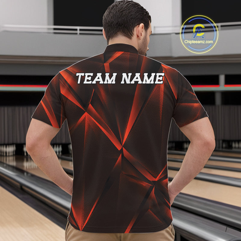 Man wearing an orange bowling shirt with 'TEAM NAME' on the back in a bowling alley.