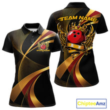 Load image into Gallery viewer, Black polo shirt with gold and red design, featuring a bowling ball and wings, on a white background. 'Chiptee Amz' brand visible.
