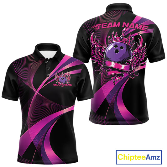 Black and purple bowling shirt with winged design on a white background, featuring 'Chiptee Amz' branding.
