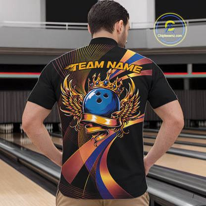 Person wearing a black bowling shirt with colorful design and 'TEAM NAME' text in a bowling alley.