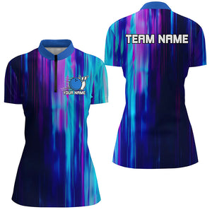 Blue And Purple Custom Bowling Quarter Zip Shirts For Women, Galaxy Bowling Team Shirts IPHW6793