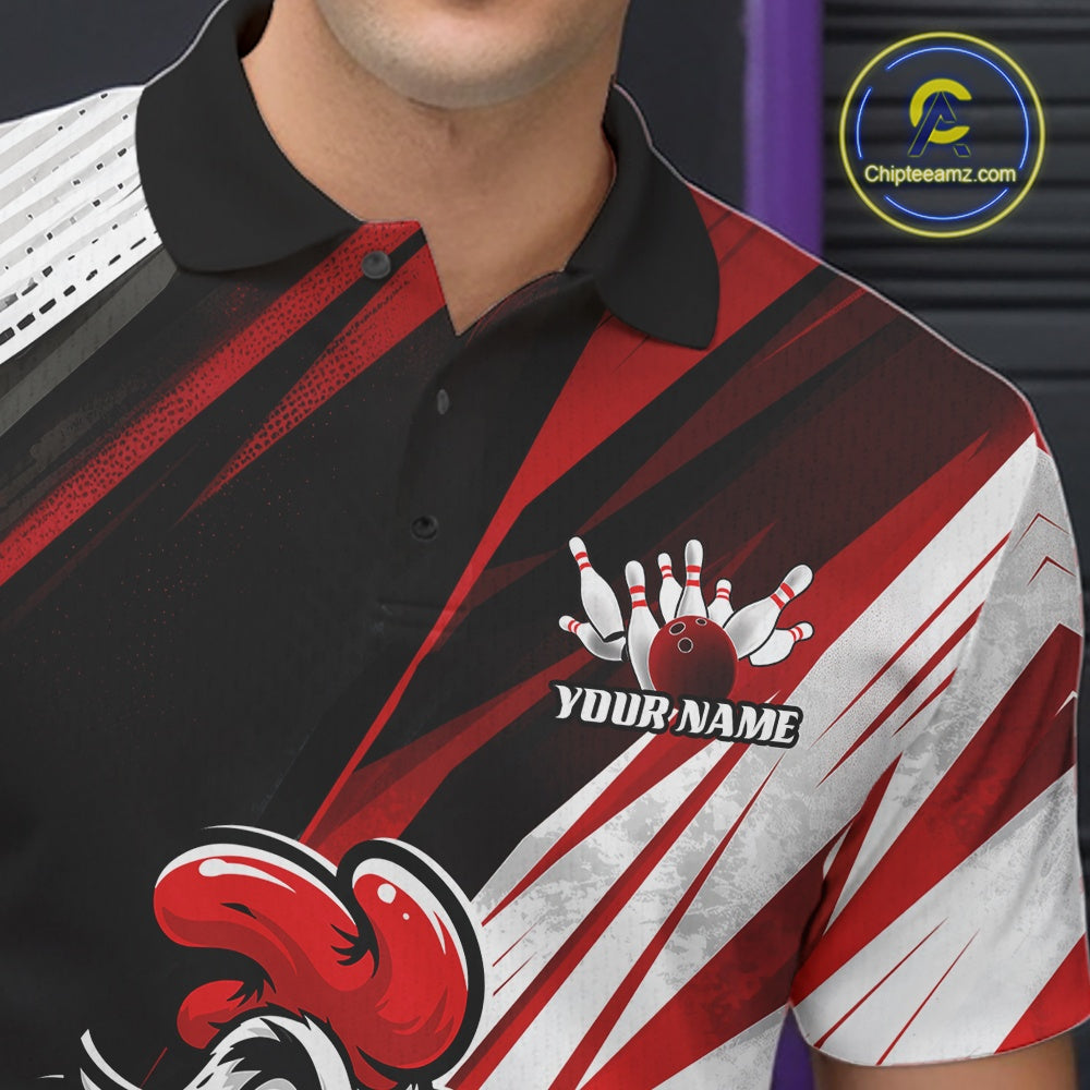 Custom Funny Crazy Chicken Bowling Team Men Polo Shirt, Red Chicken Bowling Jerseys IPHW11617