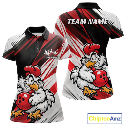 Front and back views of a short-sleeve polo shirt featuring a bold black, red, and white racing-style graphic with a cartoon chicken holding a red bowling ball. The shirt includes customizable text placeholders reading 'TEAM NAME' and 'YOUR NAME'.