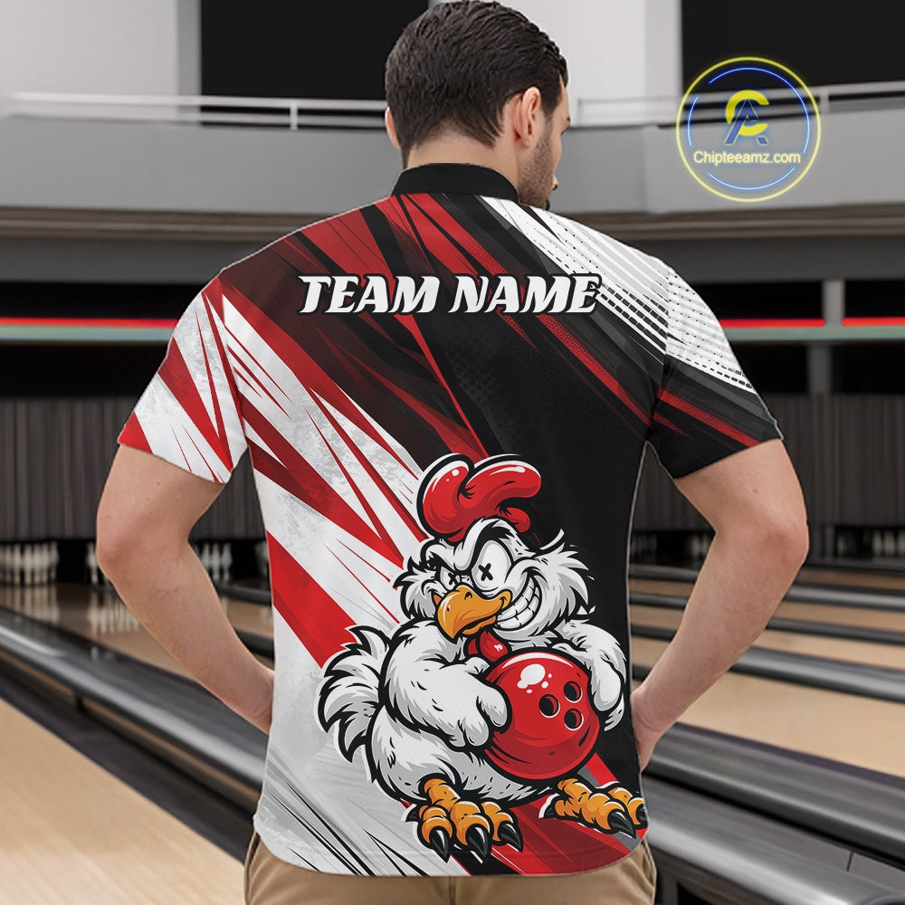 Custom Funny Crazy Chicken Bowling Team Men Quarter Zip Shirt, Red Chicken Bowling Jerseys IPHW11617