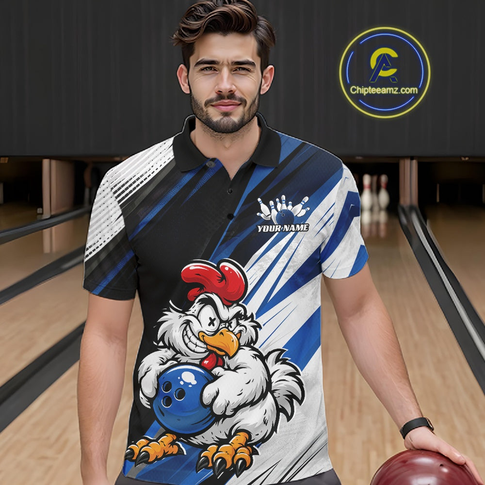Custom Funny Crazy Chicken Bowling Team Men Polo Shirt, Blue Chicken Bowling Jerseys IPHW11618