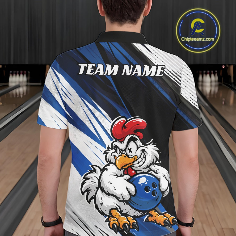 A man viewed from behind wearing a custom bowling-themed short-sleeve shirt with a cartoon rooster holding a blue bowling ball, set against a bowling alley background. The shirt features a black, white, and blue graphic design with 'TEAM NAME' printed on the back.