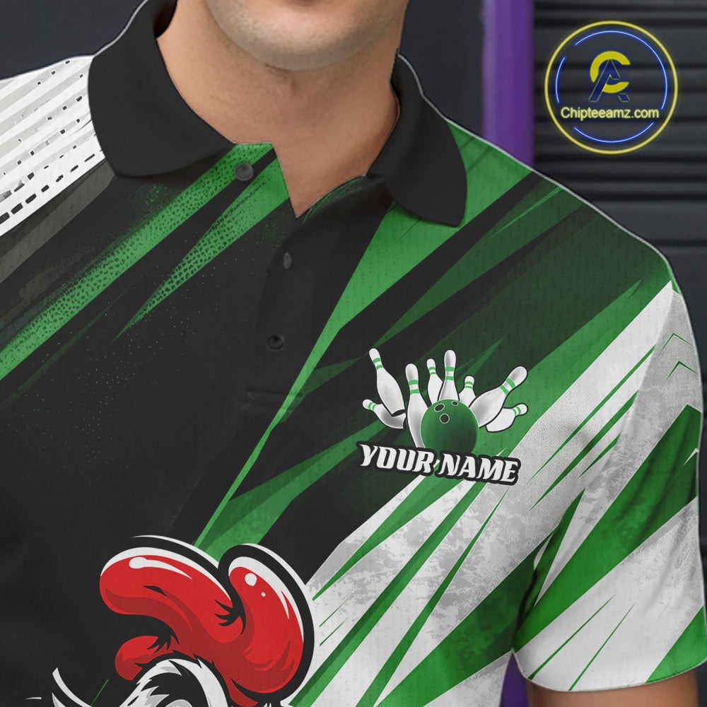 A close-up of a man wearing a custom bowling-themed polo shirt. The shirt features a black collar, a black and green diagonal striped pattern, white textured stripes, a red bowling pin graphic, and a customizable chest design with a bowling pin graphic and the text 'YOUR NAME'.
