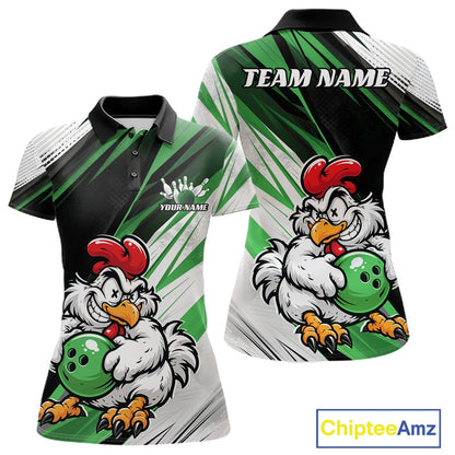 Front and back views of a short-sleeve polo shirt featuring a cartoon bowling chicken graphic on a green, black, and white striped background. The shirt includes customizable text placeholders 'TEAM NAME' and 'YOUR NAME'.