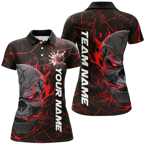 Custom Red Flame Skull Bowling Shirts For Women, Halloween Bowling Team Outfits IPHW7097