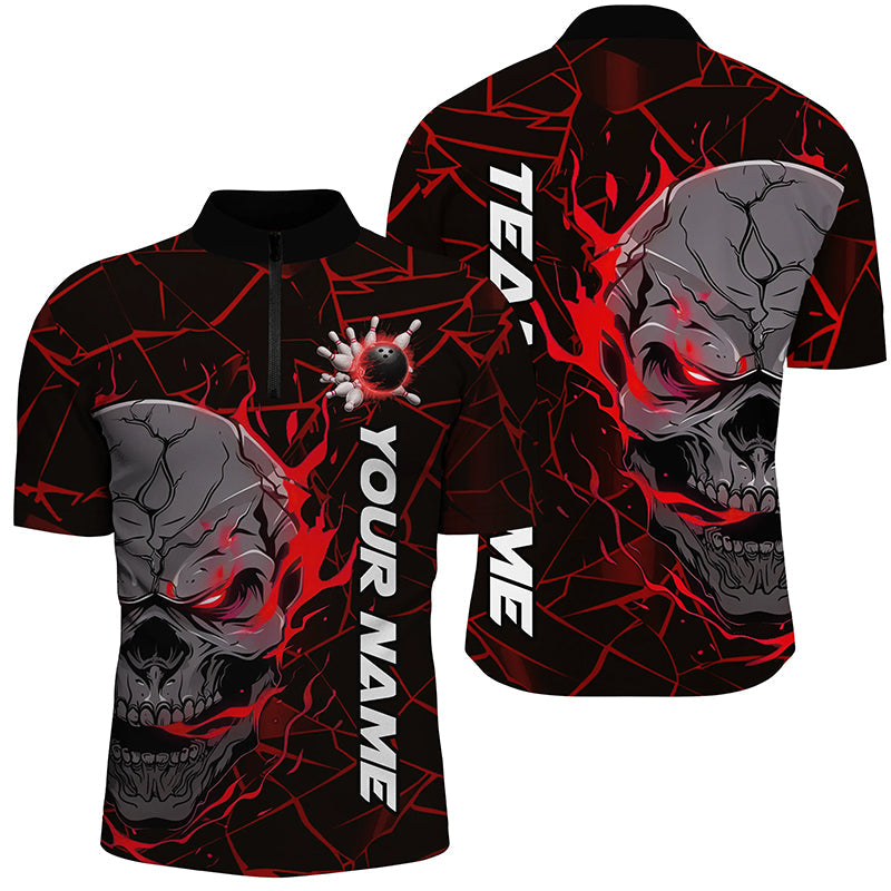 Custom Red Flame Skull Bowling Shirts For Men, Halloween Bowling Team Outfits IPHW7097