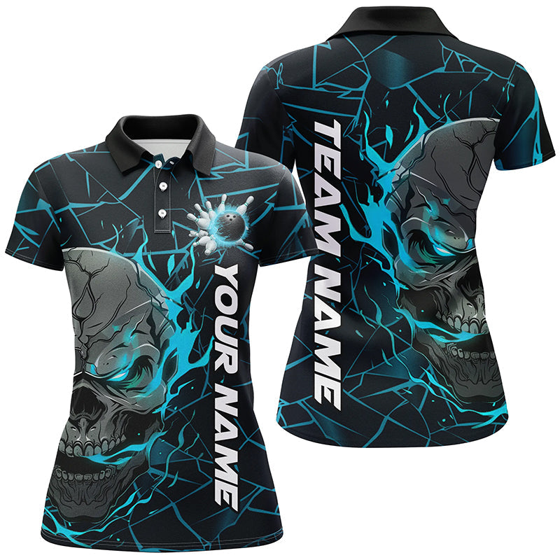 Custom Blue Flame Skull Bowling Shirts For Women, Halloween Bowling Team Outfits IPHW7098