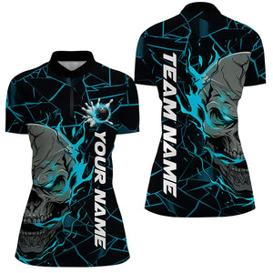 Custom Blue Flame Skull Bowling Shirts For Women, Halloween Bowling Team Outfits IPHW7098