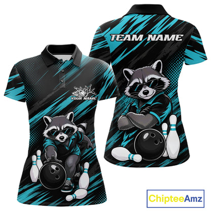 Front and back views of a short-sleeve polo shirt featuring a raccoon bowling graphic on a black and teal patterned background, with customizable text areas on the chest and back.