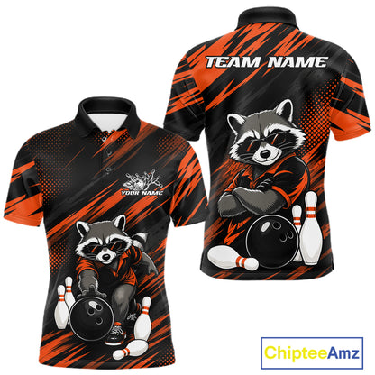 Front and back views of a custom short-sleeve bowling-themed polo shirt. The shirt features a black and orange abstract brushstroke pattern with a cartoon raccoon wearing sunglasses, bowling pins, and a bowling ball.