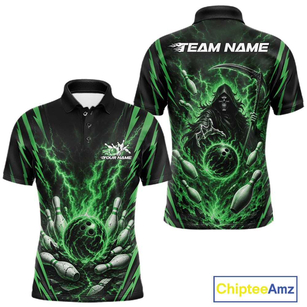 Front and back views of a short-sleeve polo shirt with a black and green bowling-themed graphic print, featuring a grim reaper, bowling pins, and lightning effects. The shirt includes customizable text placeholders 'TEAM NAME' and 'YOUR NAME'.