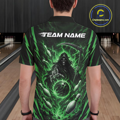 A man viewed from behind wearing a short-sleeve polo bowling shirt with a green grim reaper graphic and 'TEAM NAME' printed across the back. Bowling lanes are visible in the background