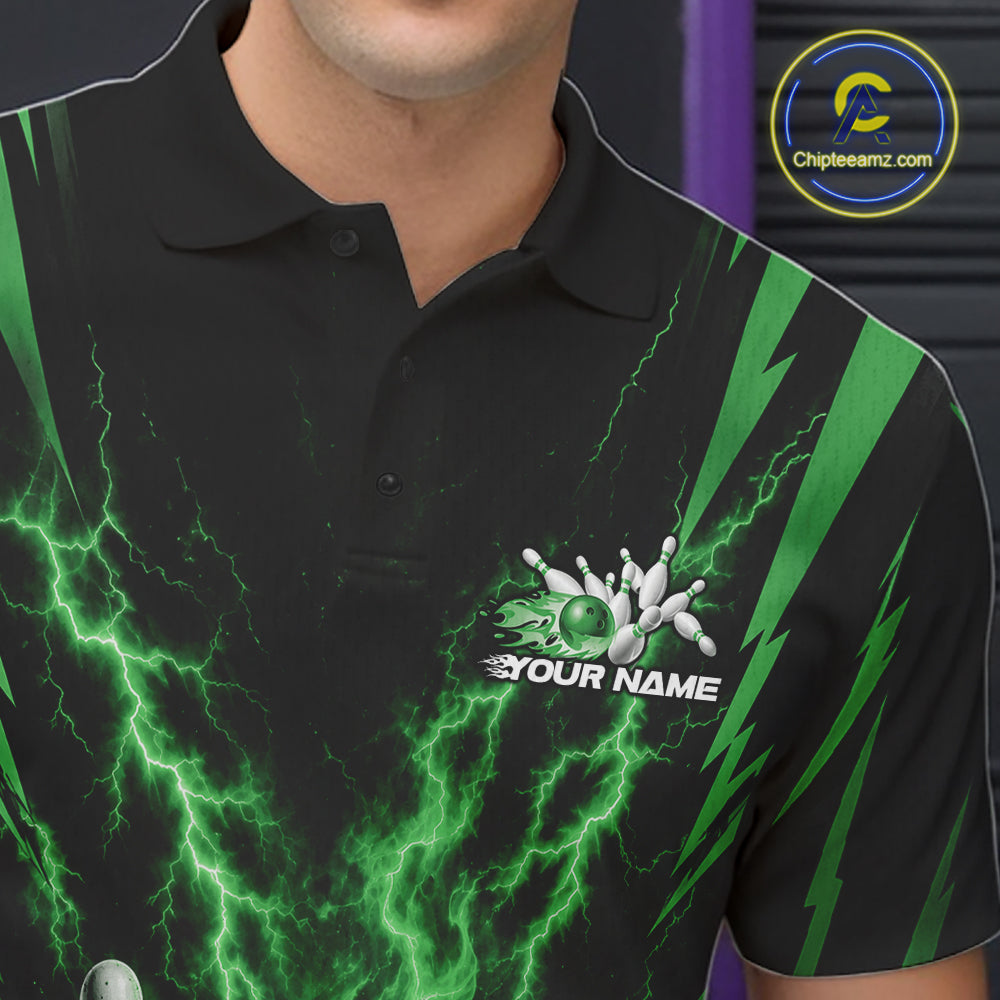 A close-up of a black short-sleeve polo shirt with a green lightning-bolt and lightning-struck stripe pattern, featuring a customizable bowling-themed graphic on the chest with the text 'YOUR NAME'.