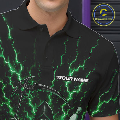 A close-up of a person wearing a black short-sleeve polo shirt with a green lightning bolt graphic pattern, a grim reaper illustration, and the text 'YOUR NAME' on the chest. 