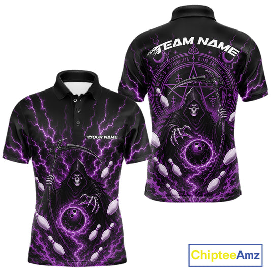 Black short-sleeve polo shirt with a purple and white grim reaper graphic, shown in front and back views on a white background. The front has purple lightning and a grim reaper design, while the back features a large circular occult-style graphic with 'TEAM NAME' and 'YOUR NAME' text placeholders.