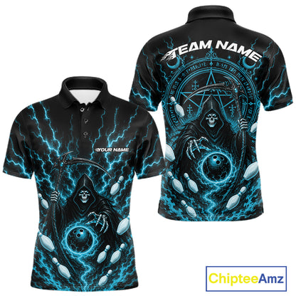 Custom short-sleeve polo shirt shown from the front and back, featuring a black background with a detailed graphic of a grim reaper surrounded by bright blue lightning and glowing orbs. The front displays a small white text placeholder, and the back has a larger magic circular design with 'TEAM NAME' text at the top.