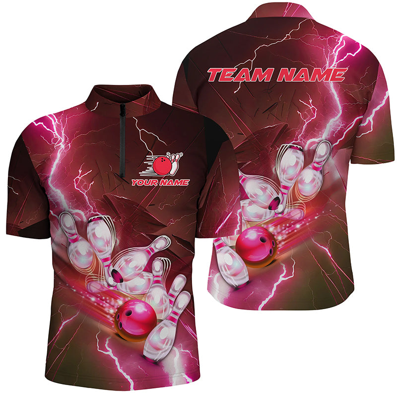 Lightning Strike Custom Red Bowling Polo Shirts, Bowling Team Jerseys For Men IPHW5221