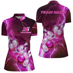 Lightning Strike Custom Pink Bowling Polo Shirts, Bowling Team Jerseys For Women IPHW5222