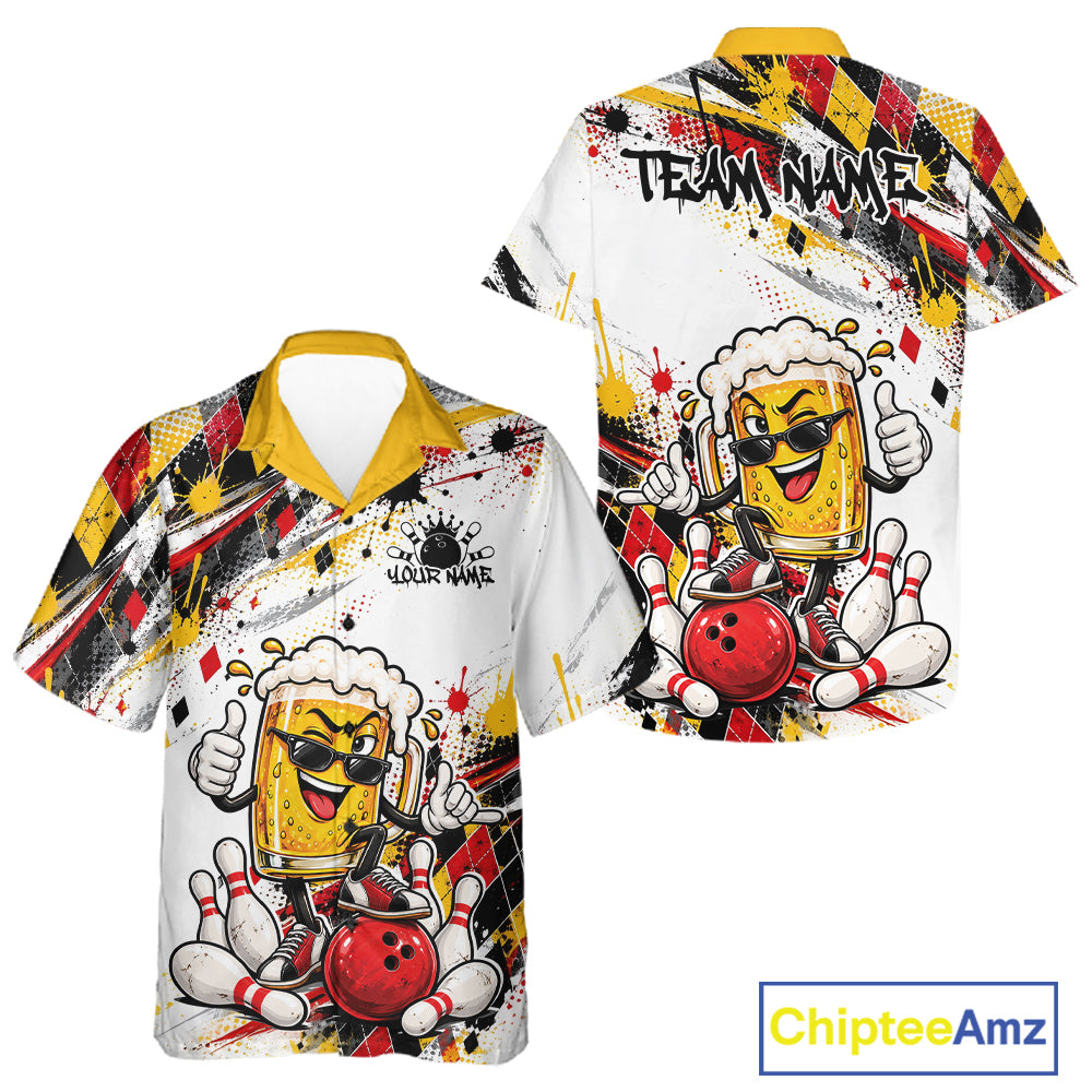 Yellow And Red Splatter Argyle Pattern Funny Beer Custom Bowling Men And Women Button Up Shirt IPHW12160