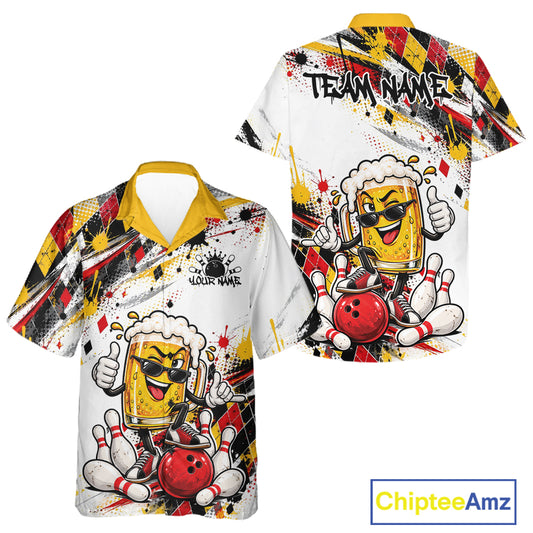Yellow And Red Splatter Argyle Pattern Funny Beer Custom Bowling Men And Women Button Up Shirt IPHW12160