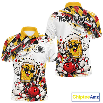 Yellow And Red Splatter Argyle Pattern Funny Beer Custom Bowling Men Polo Shirt IPHW12160