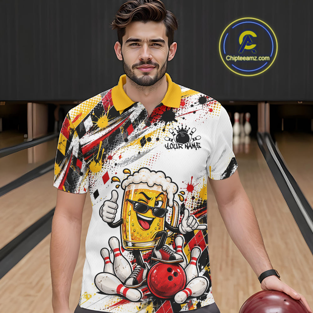 Yellow And Red Splatter Argyle Pattern Funny Beer Custom Bowling Men Polo Shirt IPHW12160