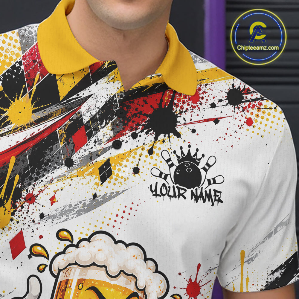 Yellow And Red Splatter Argyle Pattern Funny Beer Custom Bowling Men Polo Shirt IPHW12160