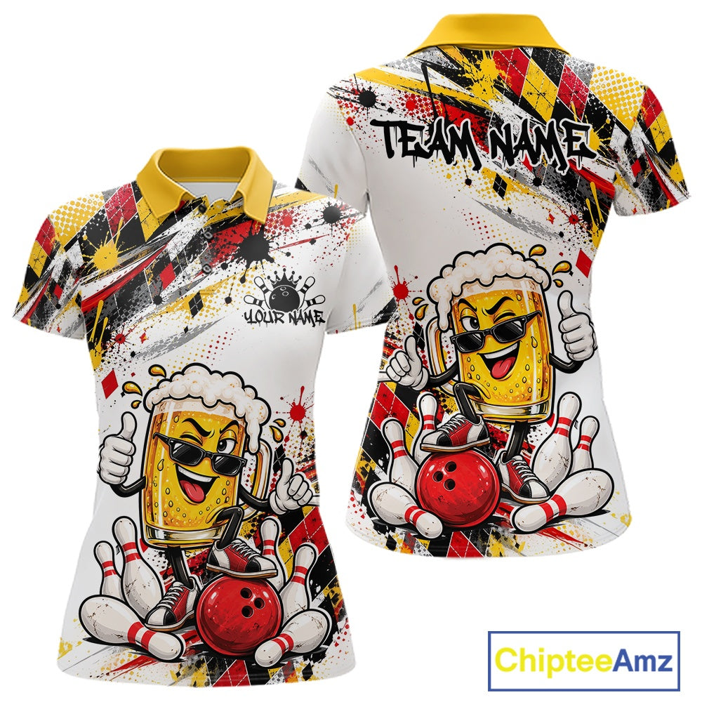 Yellow And Red Splatter Argyle Pattern Funny Beer Custom Bowling Women Polo Shirt IPHW12160