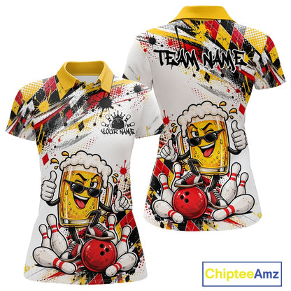Yellow And Red Splatter Argyle Pattern Funny Beer Custom Bowling Women Polo Shirt IPHW12160