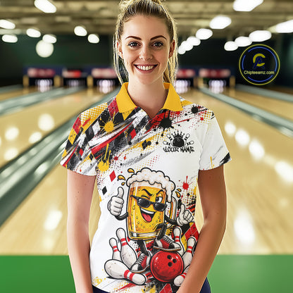 Yellow And Red Splatter Argyle Pattern Funny Beer Custom Bowling Women Polo Shirt IPHW12160