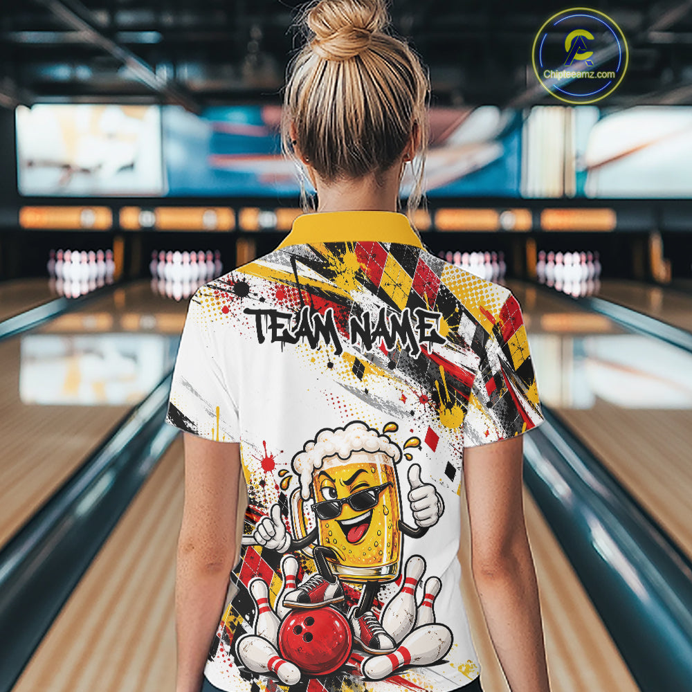Yellow And Red Splatter Argyle Pattern Funny Beer Custom Bowling Women Polo Shirt IPHW12160