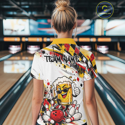 Yellow And Red Splatter Argyle Pattern Funny Beer Custom Bowling Women Polo Shirt IPHW12160