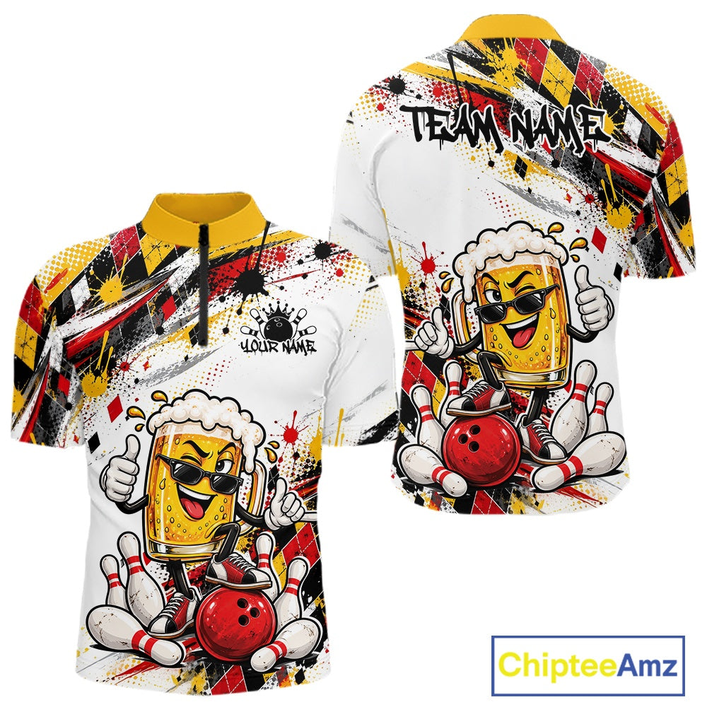 Yellow And Red Splatter Argyle Pattern Funny Beer Custom Bowling Men Quarter Zip Shirt IPHW12160