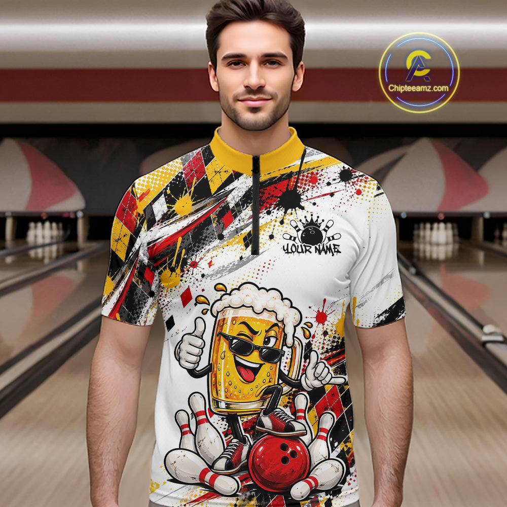Yellow And Red Splatter Argyle Pattern Funny Beer Custom Bowling Men Quarter Zip Shirt IPHW12160